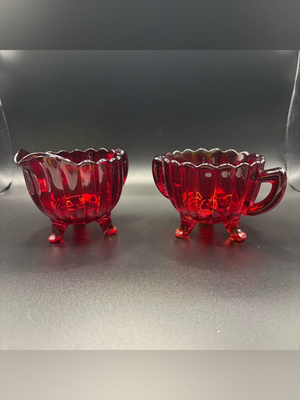 Vintage Imperial Glass Pillar Flute Ruby Red Creamer & Open Sugar Bowl Set